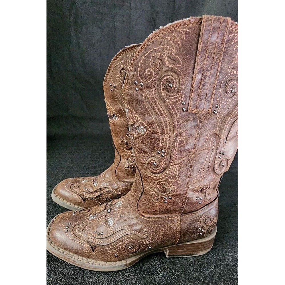 KID GIRL'S ROPER Faith Square Toe Boots Brown Rhinestone Cross SIZE 12 "SWEET"‎